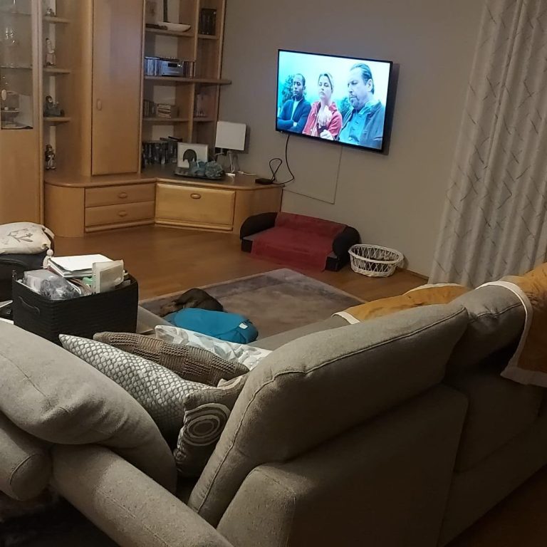 wohnzimmer Blick von der Couch auf den alten Teppich